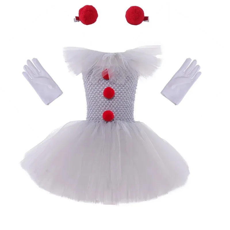 Halloween Girls Pennywise Tutu Dress Kids Cosplay Scary Gray Clown Costume Girl Carnival Party  Dress Up Clothing