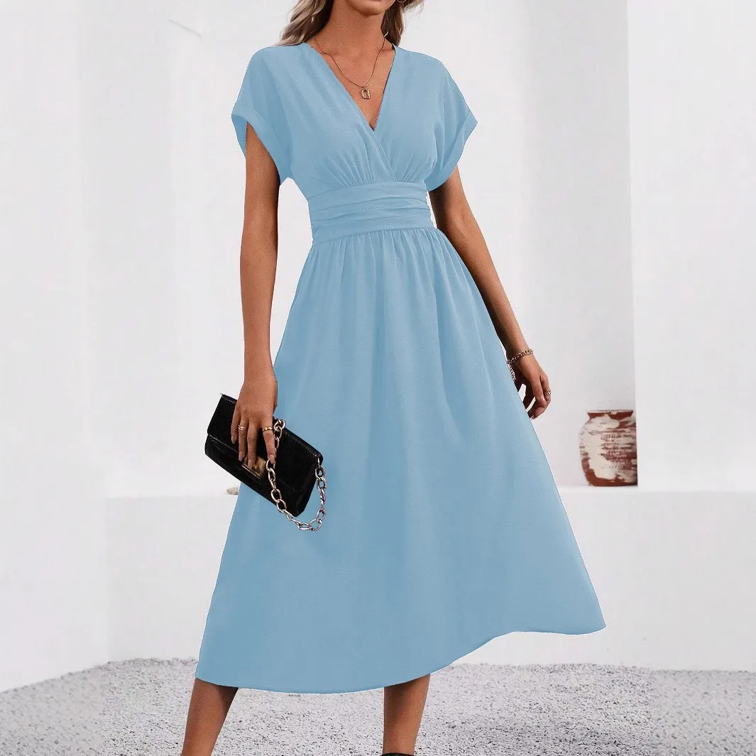 Pull on V Neck Dress a Line Skirt Elegant and Refined with Gathered Waist Crinkled Texture Summer Party Dresses for Women