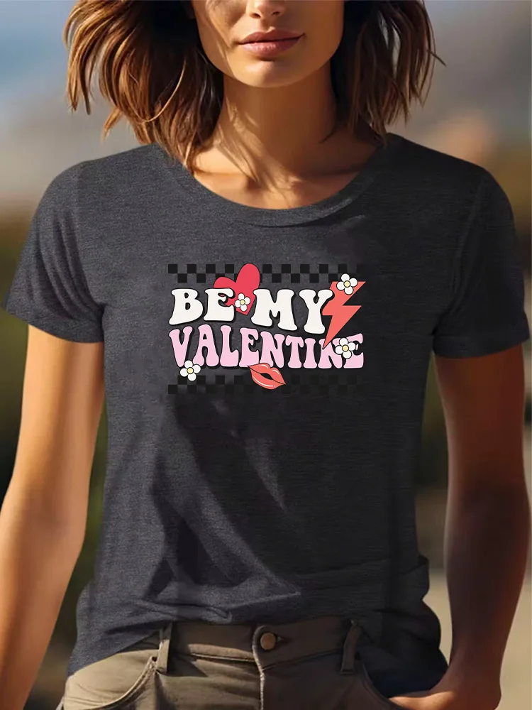 تي شيرت نسائي كاجوال برسومات Heart and Kiss ملابس لجميع المواسم بأكمام قصيرة ورقبة مستديرة رمادي تي شيرت 180 جرام ملابس لجميع المواسم