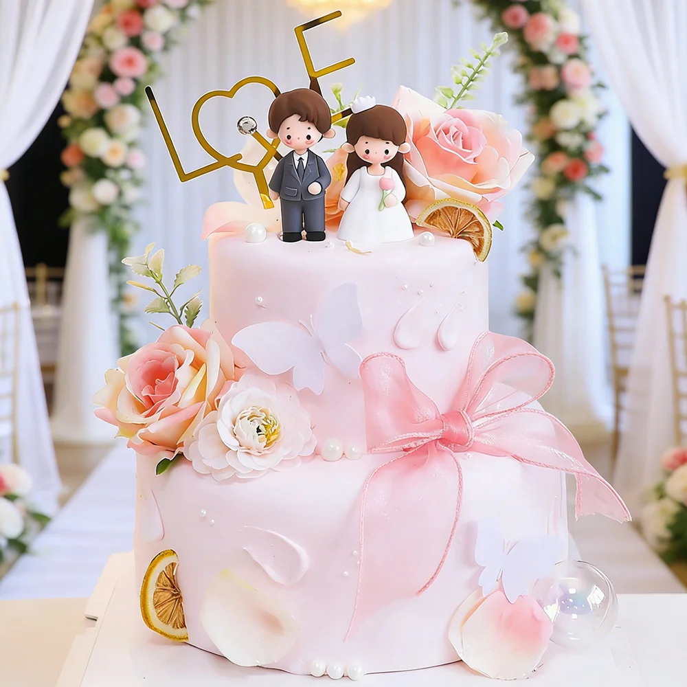Eleganter Hochzeitstorten-Topper, Bräutigam und Braut, Paar-Puppen, PVC-Hochzeitsfigur für Hochzeit, Verlobung, Valentinstag, Zubehör-Set