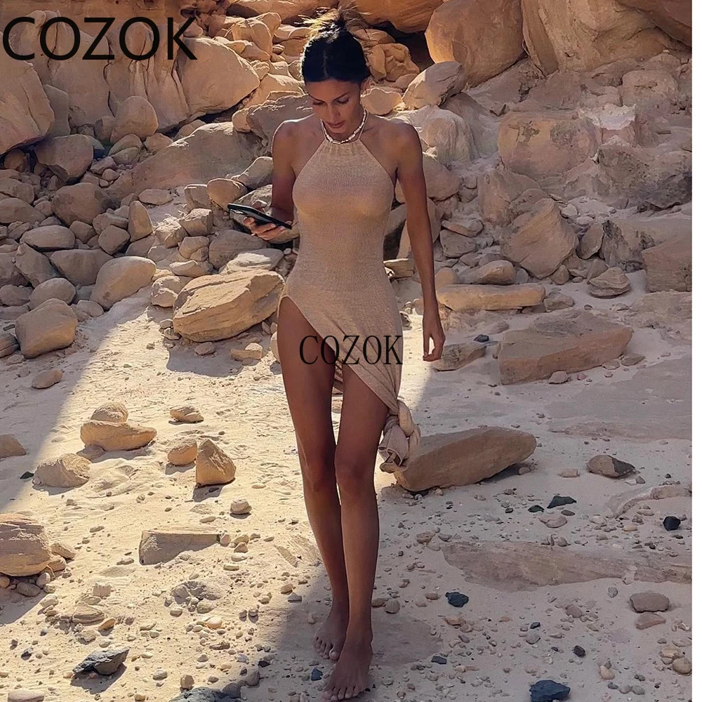 Imagem -03 - Kintted Sexy See Through Maxi Dress Elegante Halter Beachdress Slit Bodycon Beachdress Vestido de Verão 2023