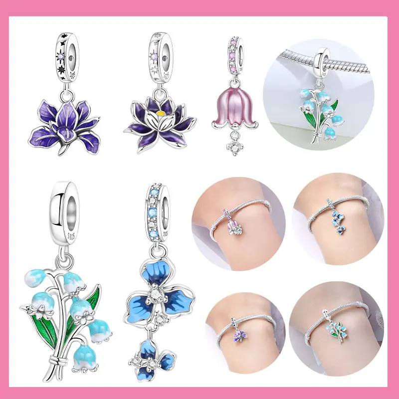 925 Sterling Silver Purple Iris Lotus Lily of the Valley Charms Beads Pendant for Original Bracelet Woman Girl Jewelry