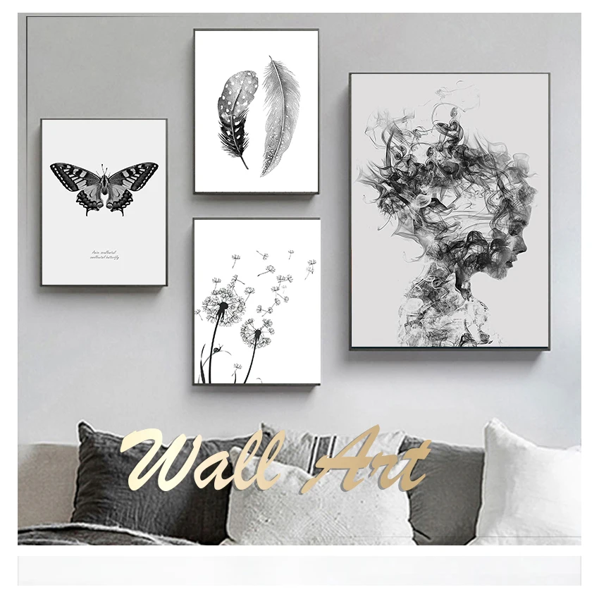 صور تجريدية لرسومات الريش ، طباعة فن الفراشة ، ملصق شمالي ، ديكور حائط غرفة المعيشة ، أبيض وأسود #2