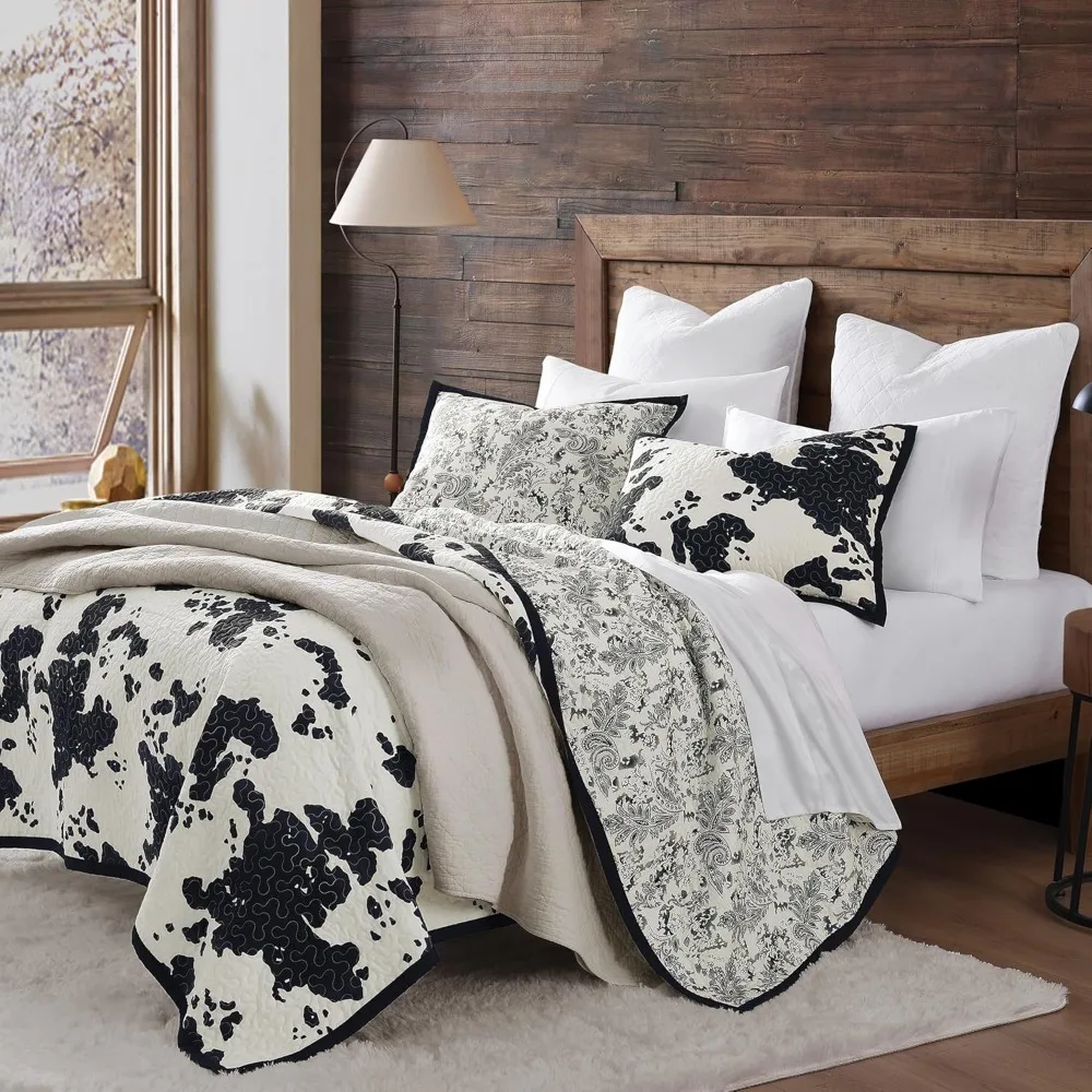 

Bedding 3 Piece Quilt Set, Black Cowhide Pattern, Reversible Western with Pillow Shams, Easy Care, Bed Sheet