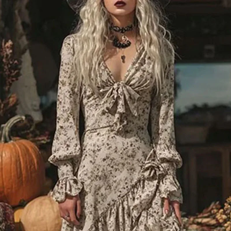 Vintage Floral Print Ruffle Irregular Long Dress Woman Sexy Deep V Neck Bowknot Maxi Dresses Autumn Long Sleeve Party Boho Dress