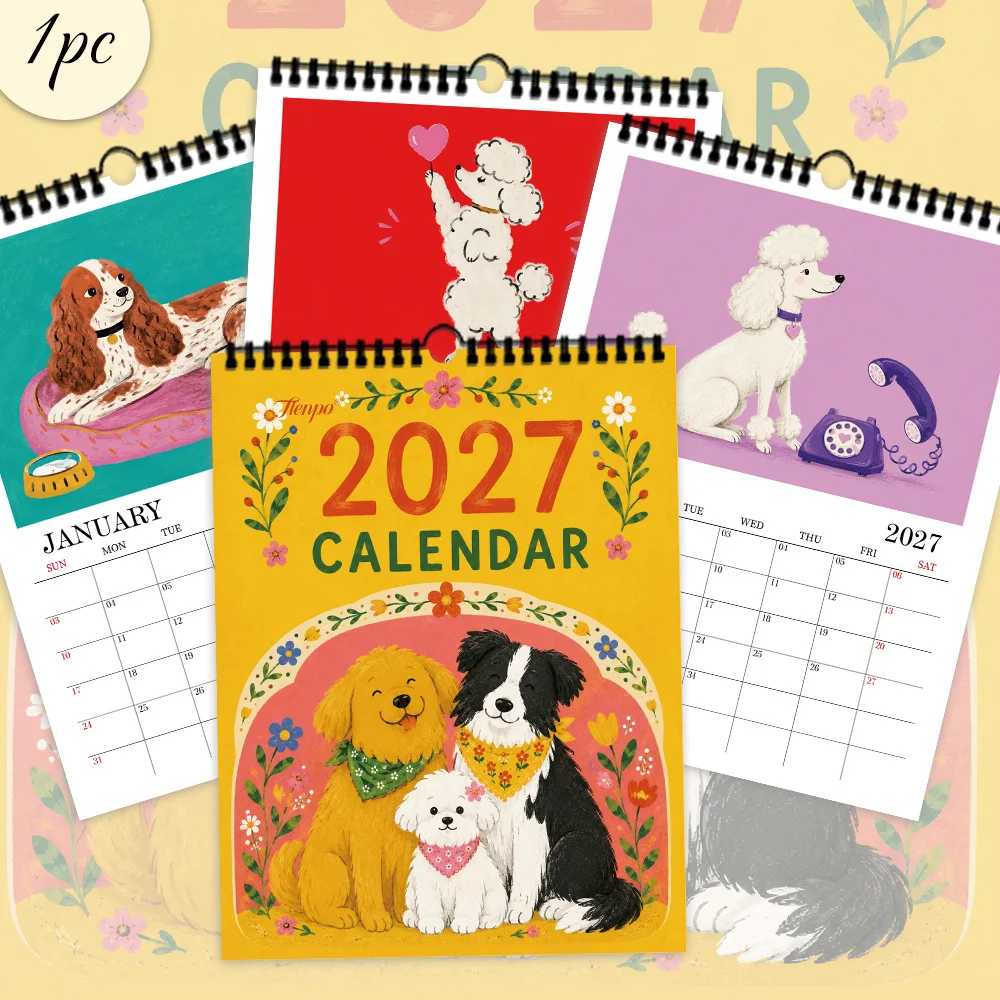 1pc 2027 Multi Breed Cute Dogs Drawing Wall Calendar,12-Month Monthly Planner,Perfect Gift For Back-to-School,Christmas,New Year