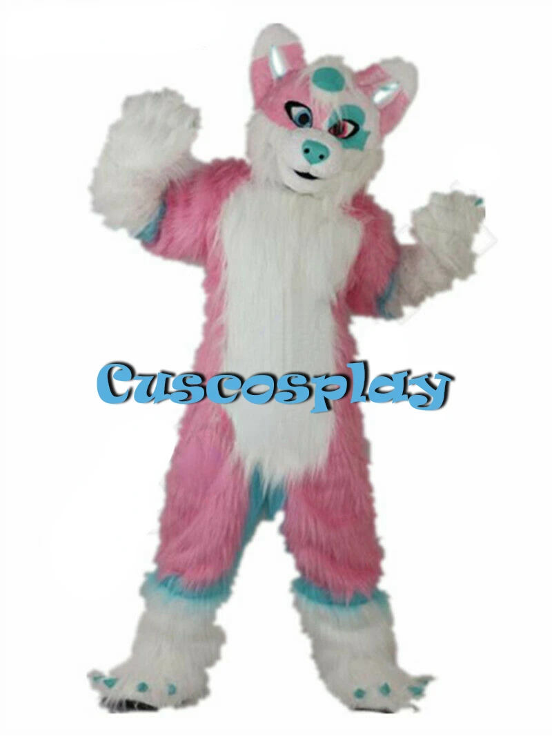 

Long Fur Pink Husky Dog Fursuit Mascot Costume Fox Animal Cosplay Party Game Fancy Dress Adults Advertising Parade Furry Outfits