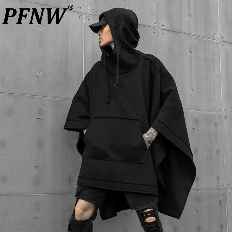 

PFNW Dark Style Windbreak Men Loose Batwing Sleeve Solid Color Dark Hooded Coat Male Personalized Tops 2024 New Stylish 12C371