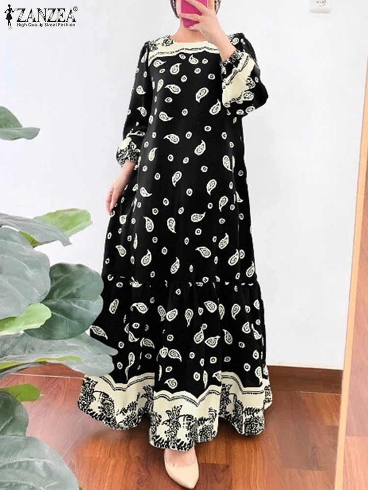

ZANZEA Muslim Fashion Modest Elegant Vestidos Islamic Ruffled Hem Long Sleeve Hijabi Abaya Robes Ethnic Printing Eid Dresses