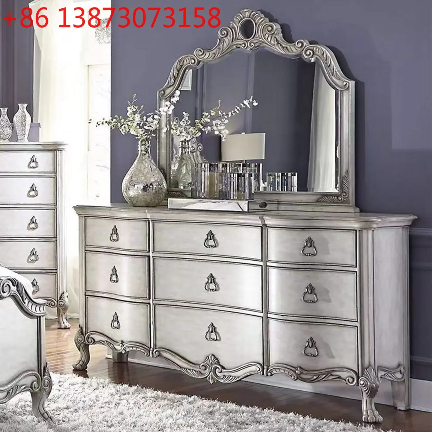 

American country solid wood carving flower living room locker French retro old bedroom storage drawer chest cabinet