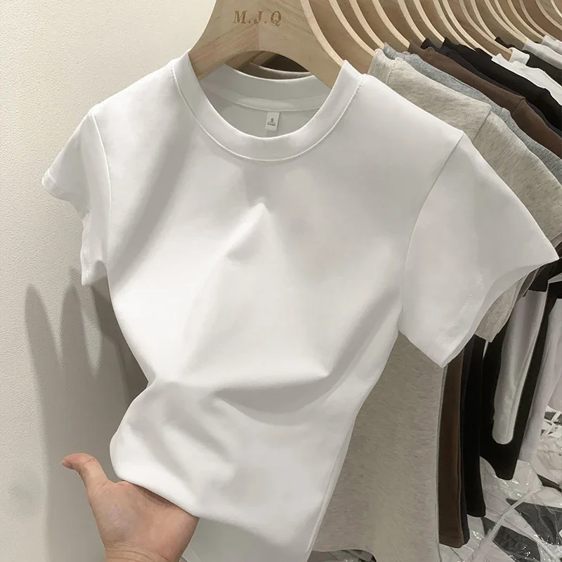 Female Casual Streetwear Basics Tees Summer Slim Fit O-Neck Short Sleeve Cotton T-shirts Women's Fashion New Solid Color Top