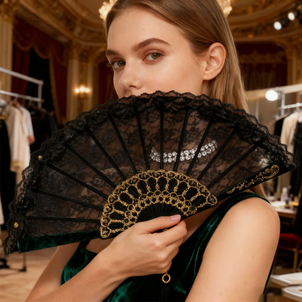 PESENAR 1920s Style Black Lace Fan for Flapper Costume and Vintage Gatsby Accessory