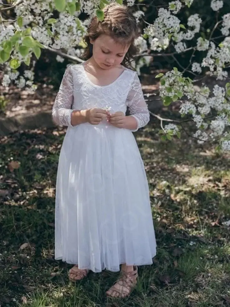 Vestidos de encaje para bebé, ropa de fiesta Formal, manga larga, longitud hasta el suelo, color blanco, para primera comunión, venta al por mayor, 2024