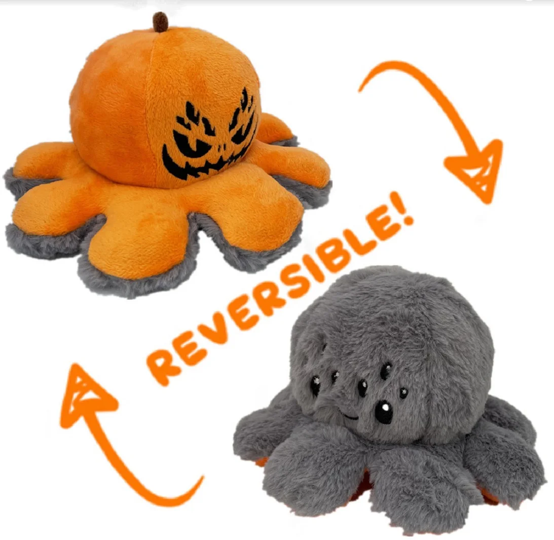 

HOT Halloween Pumpkin Head Doll Cartoon Anime Character Children's Funny Props Kawaii Two-sided Pumpkin Turned Into Octopus Toy