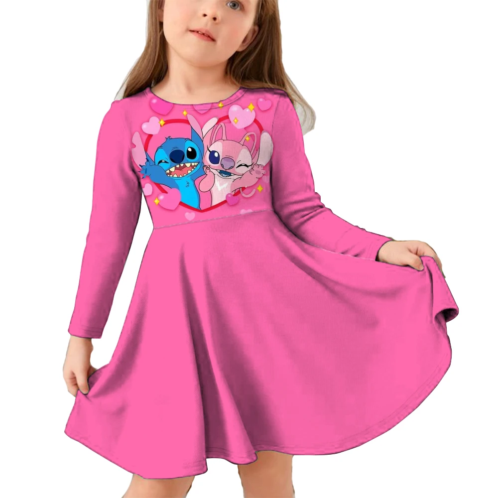 Summer New Children's Clothing 3d Printed Romantic Stitch Cute Girl Long sleeves Dress 5-14 Years Old Kids Performance Clothing