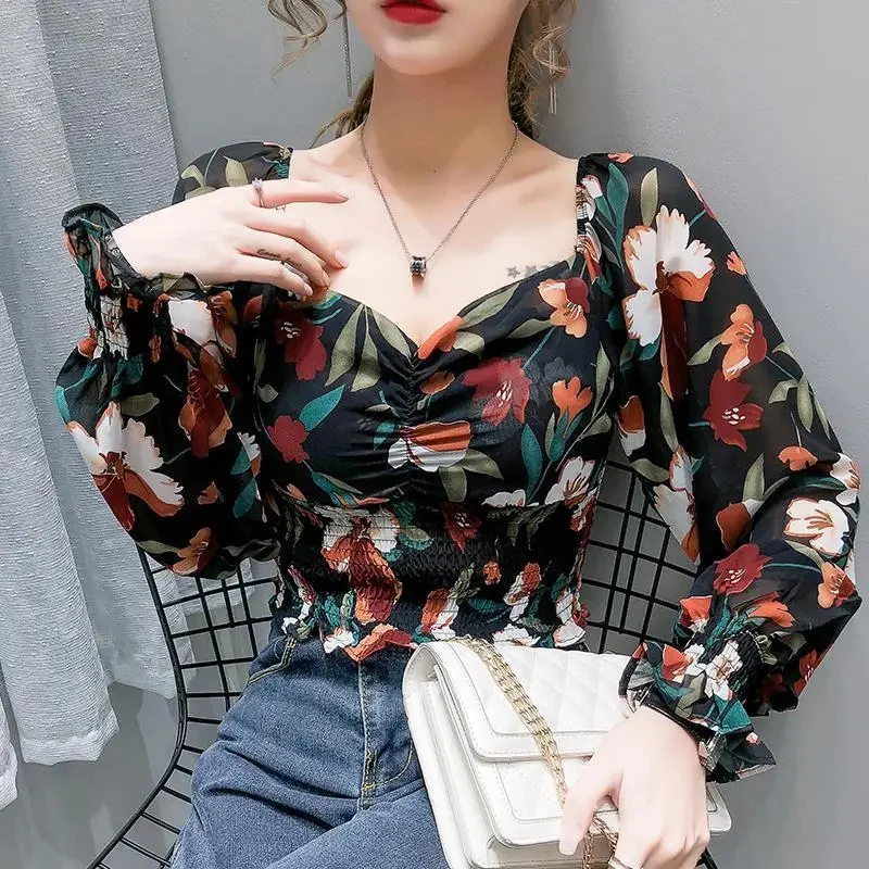 Rimocy Fashion Flowers Printed Chiffon Shirts Women 2024 Summer Long Sleeve Cropped Shirts Woman Vinatge Low Collar Blusas Mujer