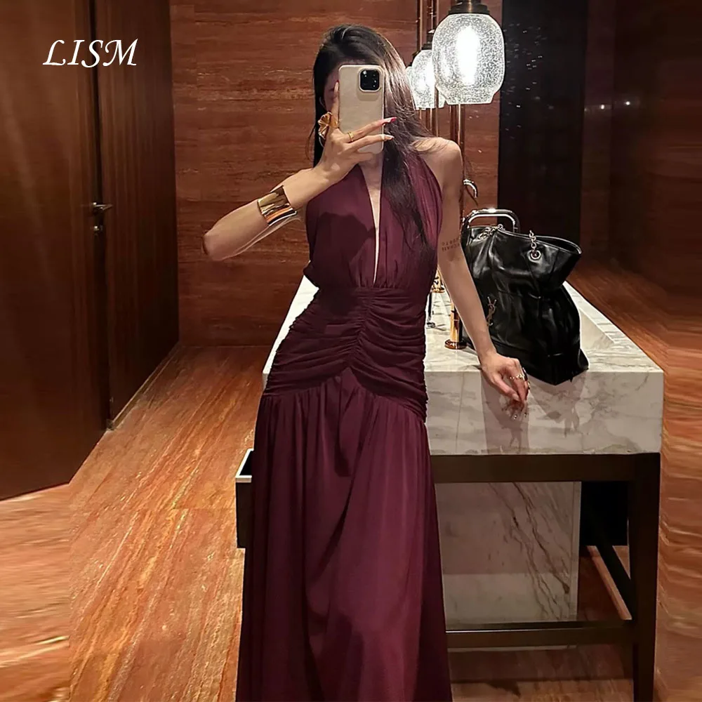 

LISM Wine Red Halter Backless A-Line Evening Dresses Simple Silk Chiffon Long Elegant Modern Prom Gowns robe de soirée