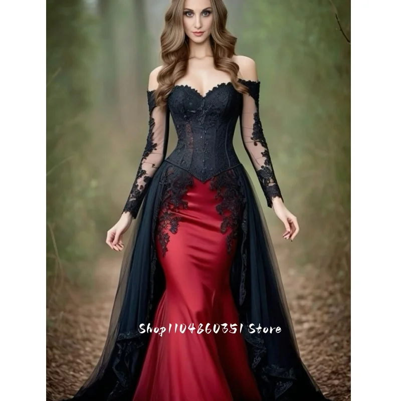 สีดําและสีแดงแบบกอธิคชุดแต่งงานแขนยาววินเทจวิคตอเรียเงือกชุดเจ้าสาวที่กําหนดเองรัดตัวลูกไม้ขึ้นVestido De N Ovia