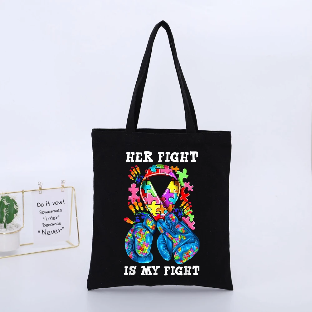 Autism Awareness Puzzle Ribbon & Boxing Gloves Print Canvas Tote Bag, Casual Style for Daily Use and Advocacy Events
