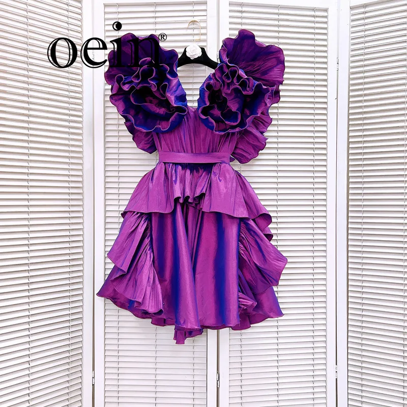 

[oein] Elegant Style New Pleated Design Three-dimensional Large Flowers Ruffled Edges, Waist Cinching Dress 2024 Autumn Fashion