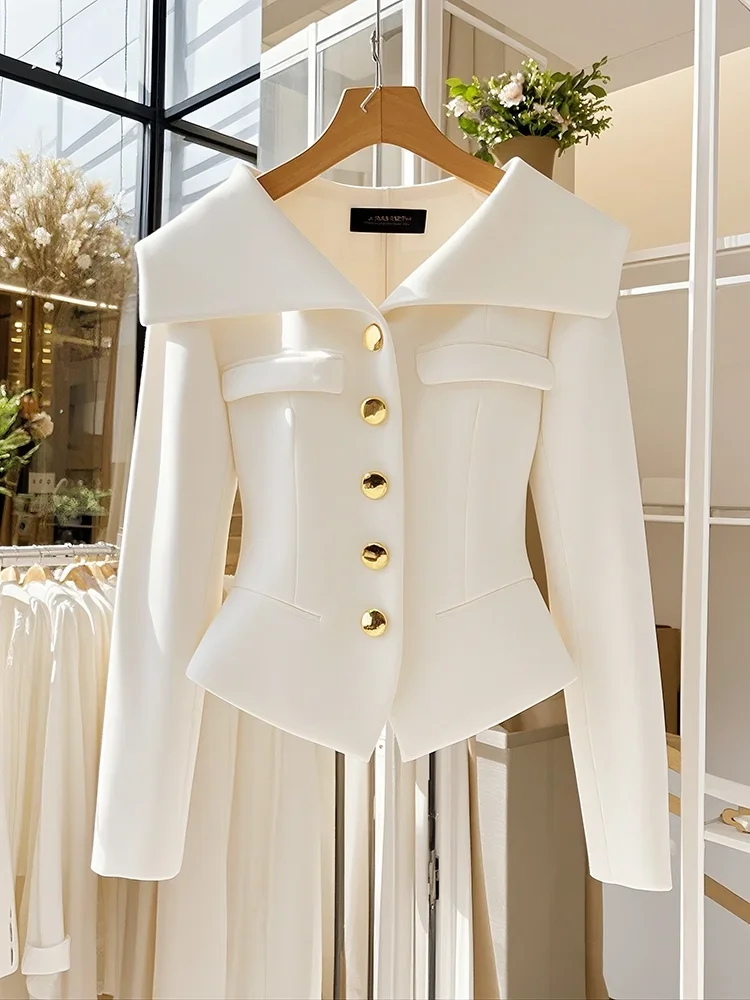 

Luxury High-end White Jacket Autumn Turndown Collar Short Tops Office Lady Blazer Button Women Clothing Trend Design Outerwear