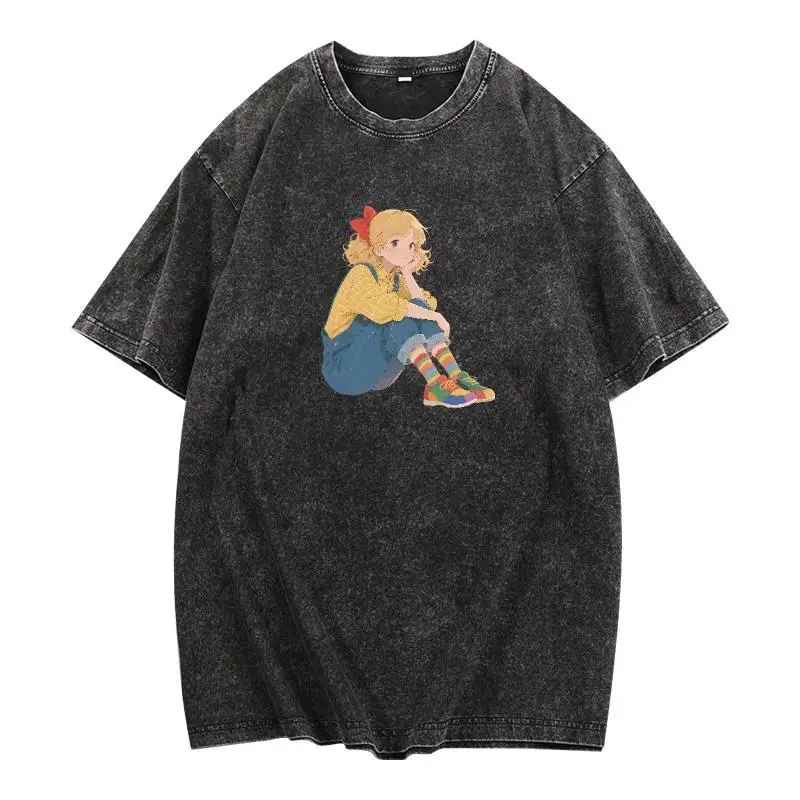 

Women's Vintage Anime Girl T-Shirt Rainbow Socks Cartoon Graphic Tee Japanese Kawaii Washed Retro Fashion Gift