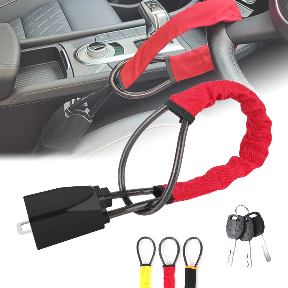 Car Steering Wheel Lock With Seat Belt Socket Steel Rope 3 Keys Anti Theft Security Protection Device Set Automotive Accessories