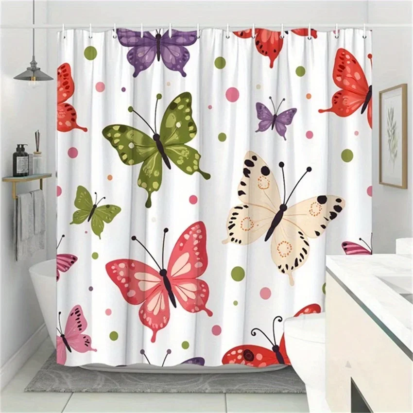 

Красочная занавеска для душа в виде бабочки и горошек — игривый дизайн, 12 крючков, яркие бабочки белого цвета, полиэстер, легко чистится