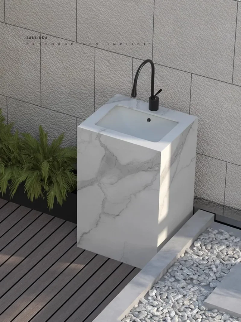 Stone Plate Pedestal Basin Integrated Wash Basin Balcony Washbasin Floor-Standing Outdoor Courtyard Sink Table Customization