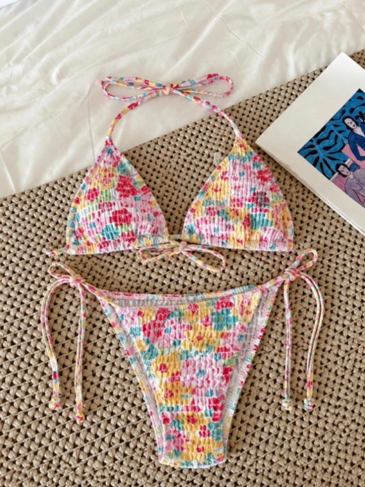 Summer Daily Pool Beach Vacation Swimwear Ladies Y2K Slim Sexy Two Piece Bikini Japanese Lolita Floral Ruffle Print Outfit