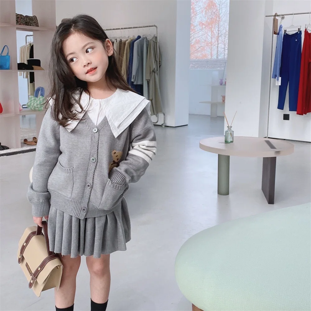 Autumn Girls 2pcs Clothes Set Knitwear College Cardigan V-neck Sweater Tops+ Pleated Skirt Kids Children Outfits Suit