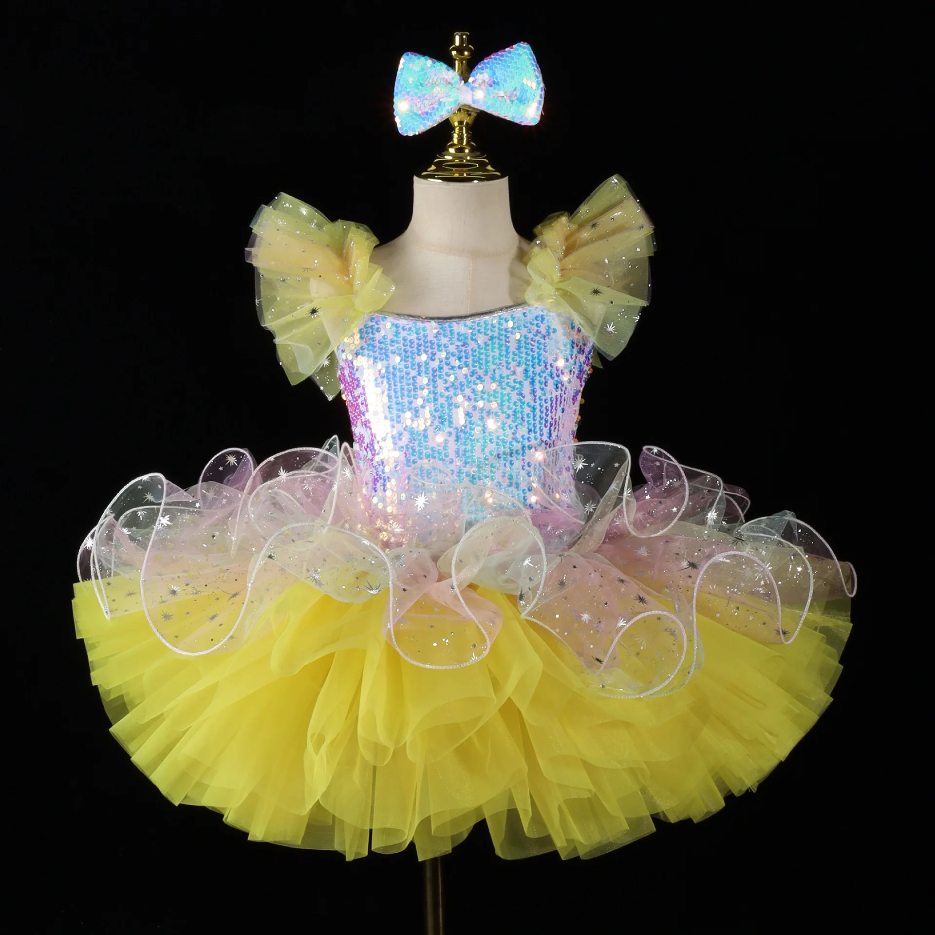 Kids Sequin Puffy Tulle Tutu Dress Girls Princess Ballet Costume Kindergarten Stage Dance Performance Dress