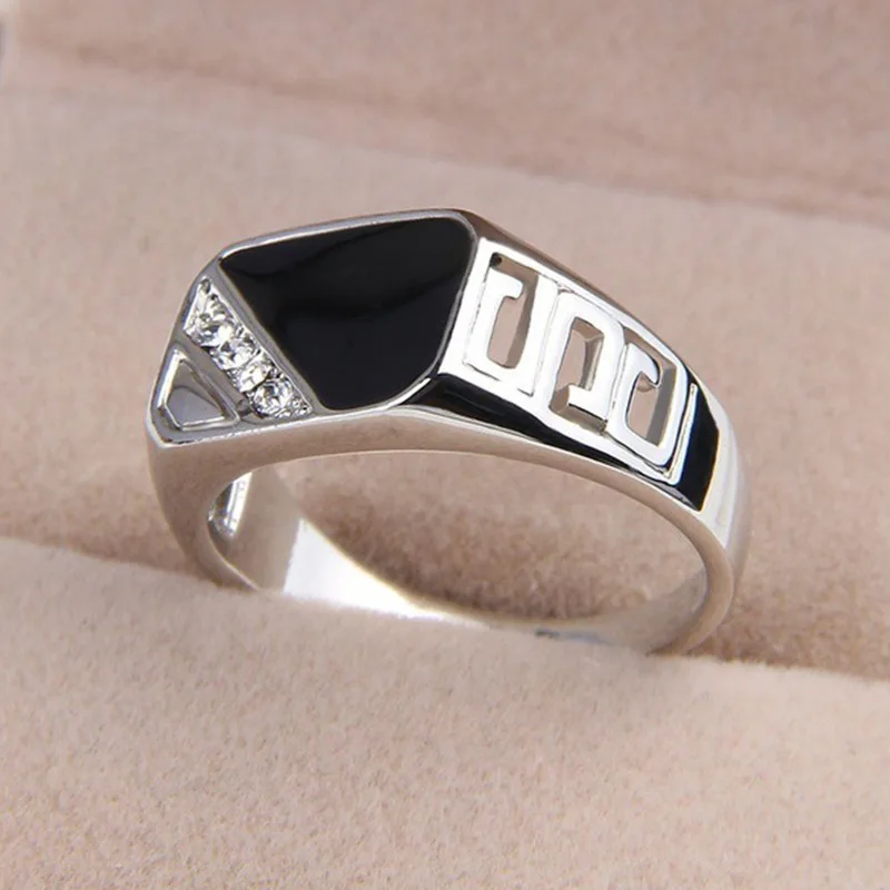 Classic Size 6-12 Men Rhineston Jewelry Gold/Silver-Color Black Enamel Male Finger Titanium Stainless Ring