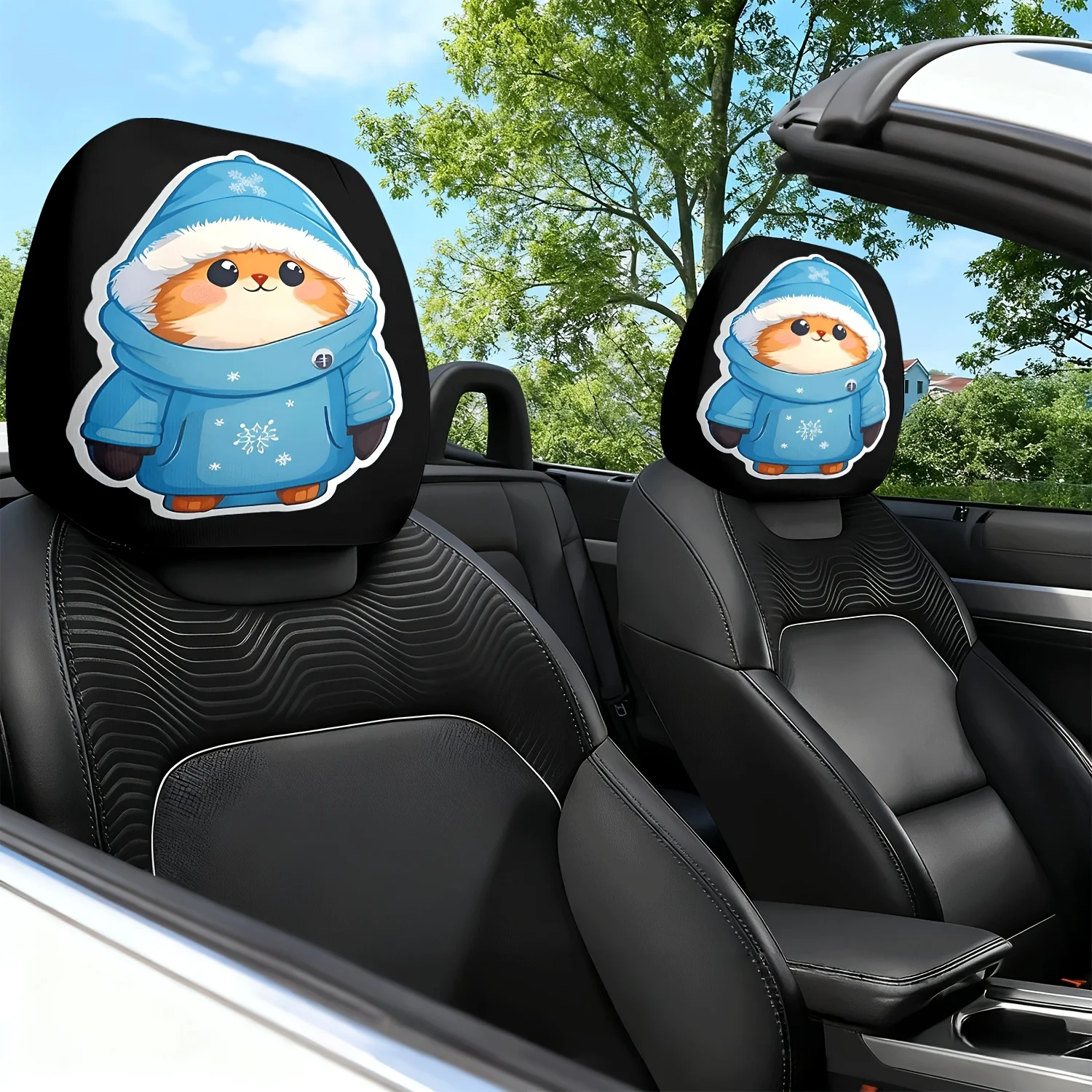 

2pcs Cute Winter Bear Warm And Fun Themed Printed Car Seat Cushion Headrest Neck Pillow Cover - Featuring an Adorable Design -