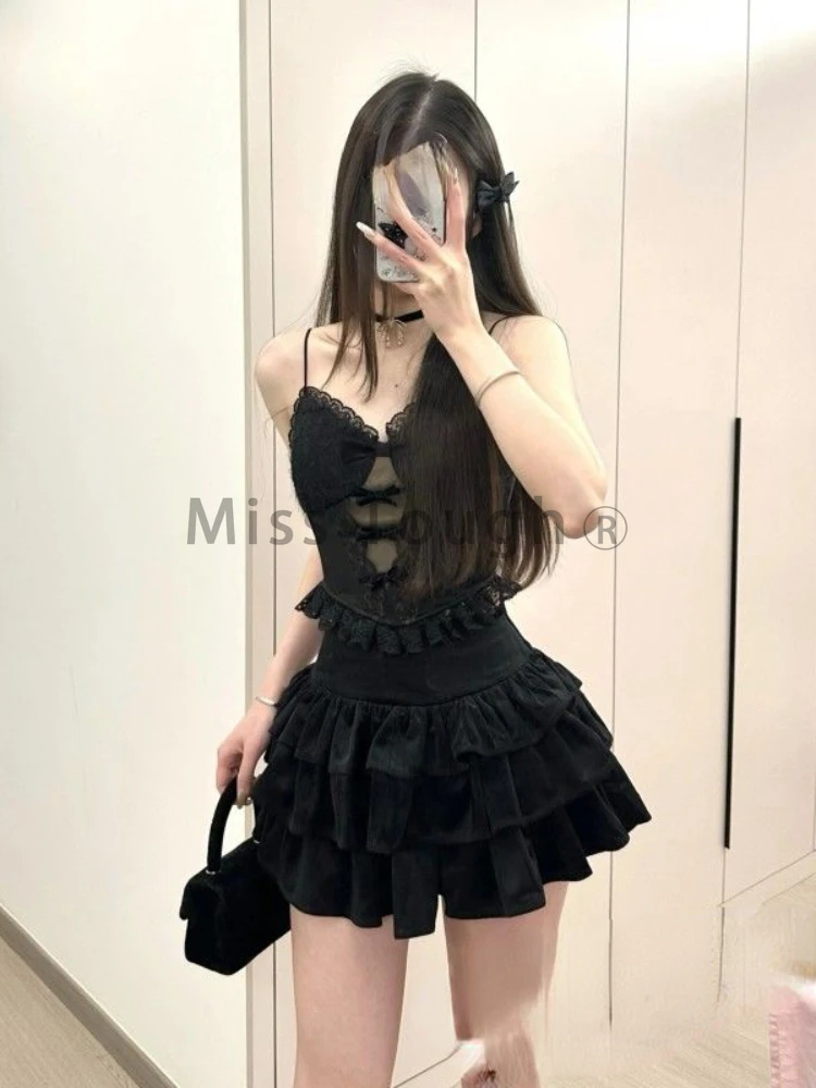 Summer Sexy Lace Two Piece Set Women New Strap Bow Tops + Pleat Mini Skirts Female Fashion Y2k Patchwork Hollow Out Party Suits