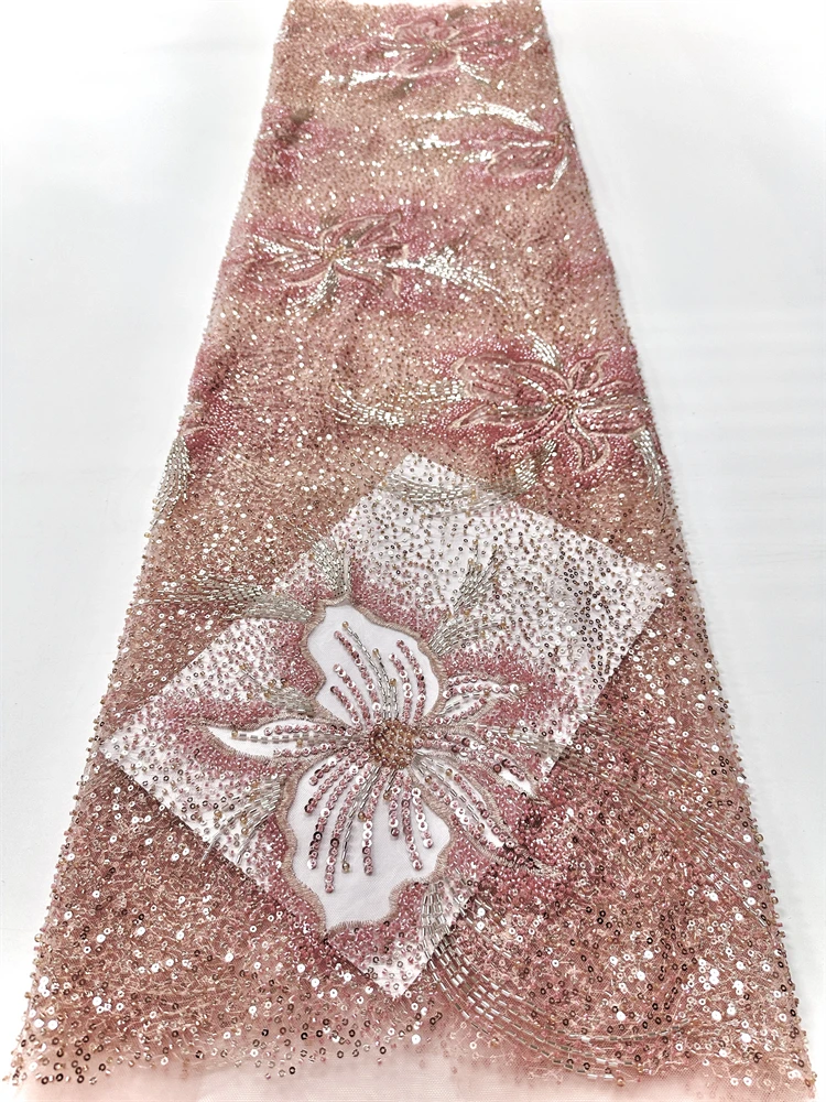 Hermosa tela de encaje de cuentas africanas de encaje de fiesta de lentejuelas nigerianas 2025 de alta calidad 5 yardas de tul francés africano encaje de red de boda