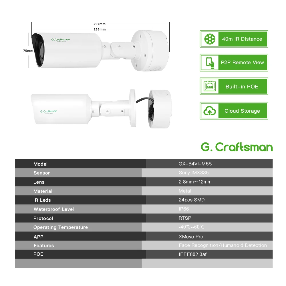 RU G.Craftsman XMeye 5MP POE 2.8-12 มม.IMX335 Face Person Detection ONVIF กล้องวงจรปิดการเฝ้าระวังวิดีโอความปลอดภัย IR