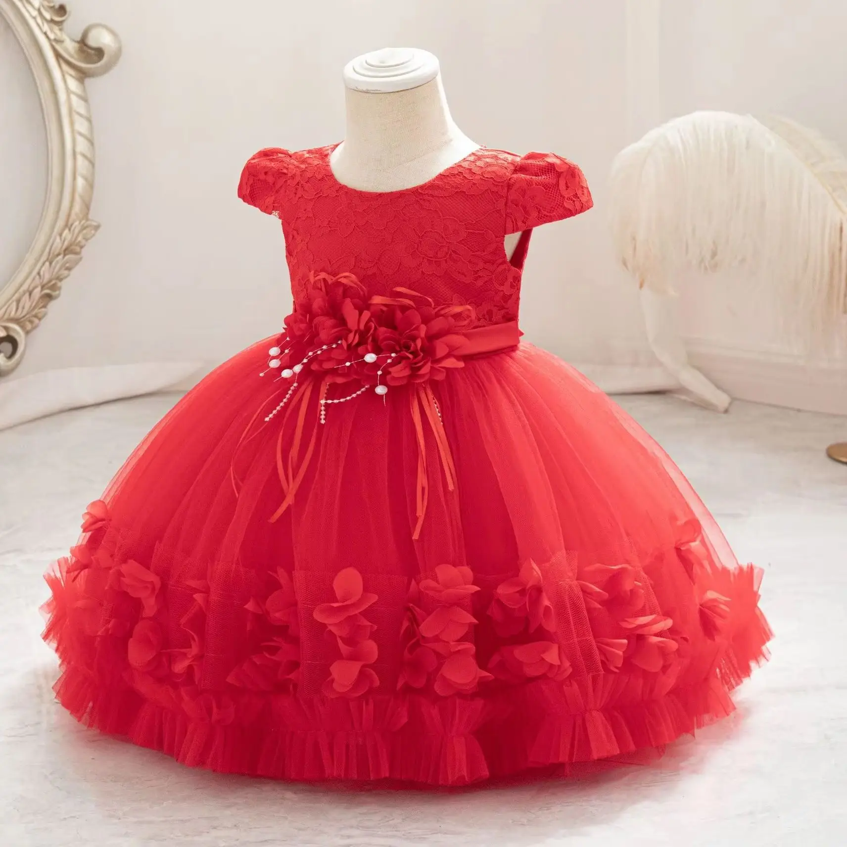 Süße süße Blumenmädchen Spitze Stickerei Mesh flauschige Prinzessin Kleid für Kleinkind Baby Taufe Geburtstag Party Kommunion Hochzeitskleid