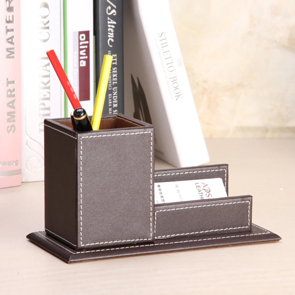 

Pen Holder Desk Organizer Vintage Stationary Wood Germ Supplies PU Creative Storage Container Long