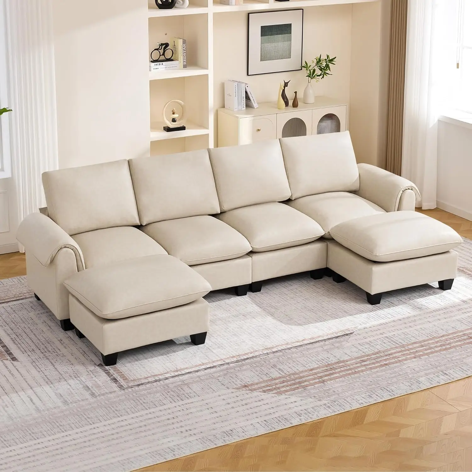 

118" Modular Sectional Sofa W/ 2 Ottoman Oversized 4 Seater Curved Armrest Deep Seat Living Room Beige Customized