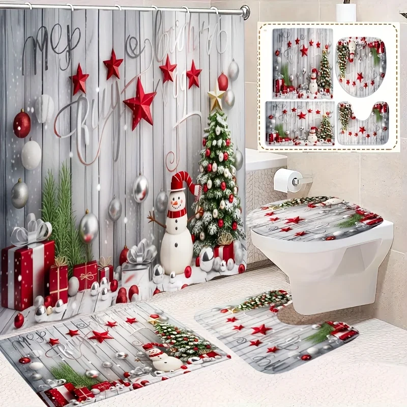 

Креативный рождественский набор для ванной комнаты с нескользящими ковриками, U-образной крышкой для унитаза и занавеской для душа, праздничным декором для ванных комнат всех стилей