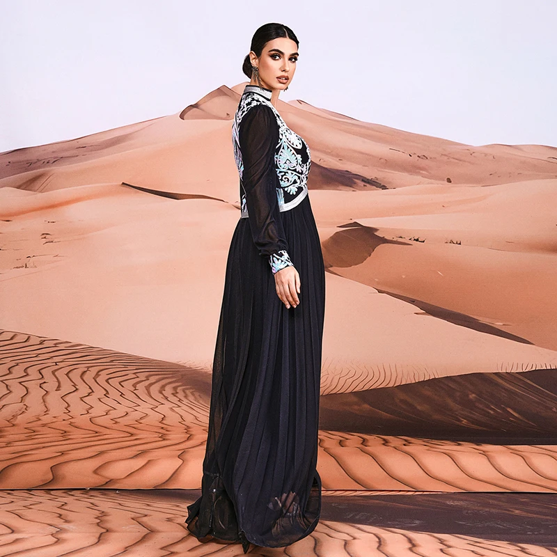 2024 Nieuwe Moslim Jurk Zwart Abaya Dubai Luxe Elegante Dames V-Hals Lovertjes Cocktail Prom Avond Feest Lange Maxi Jurken