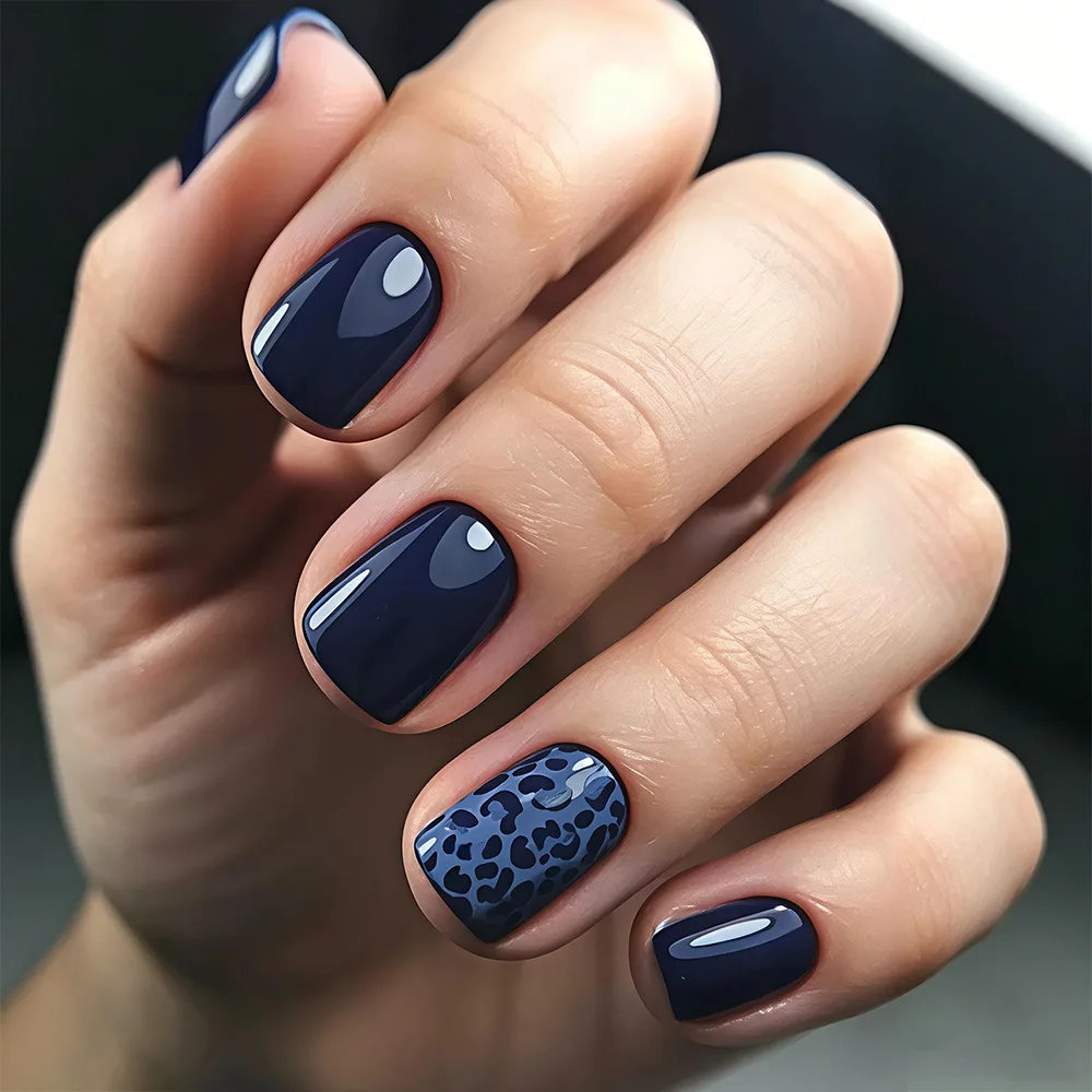 24pcs Winter Press On Nails Navy Blue Leopard Print Fake Nails Short Square False Nails with 1 Jelly Glue and 1 Nail File