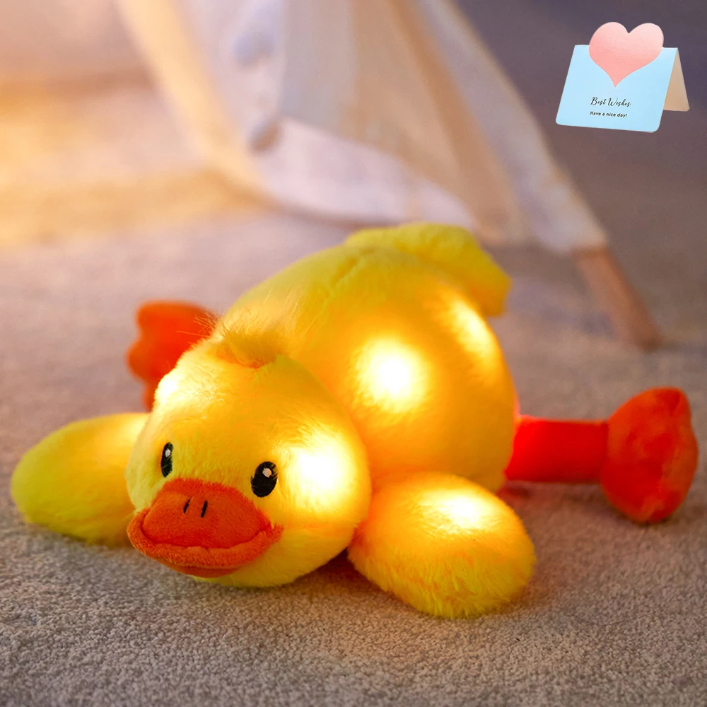 34cm Lying Yellow Duck Doll Stuffed Animal Doll Toys with LED Light-up Musical Cute Duck Plush Toys Glow Singing Gift for Girls