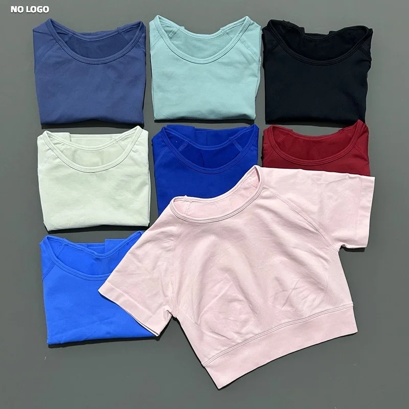 

HISTELLO Crop Top Women Seamless Yoga Vest Fitness Tight Clothing Round Neck Sports Short Sleeve Running Gym Workout Tops