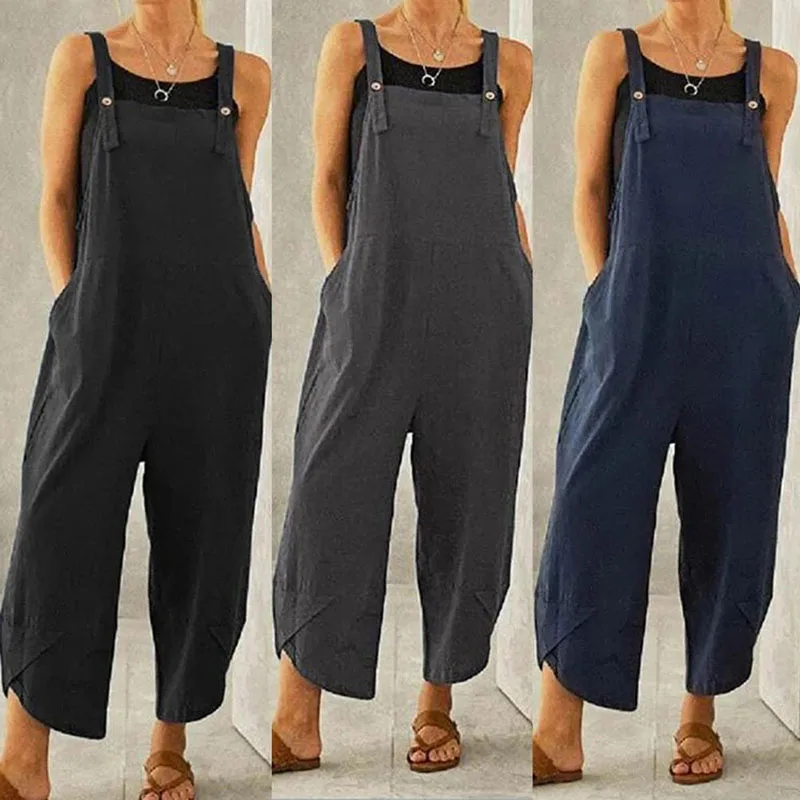 2023 Casual Oversized Summer Vintage Jumpsuit Women Straps Wide Leg Pockets Overalls Loose Romper Womens Jumpsuits Monos Mujer