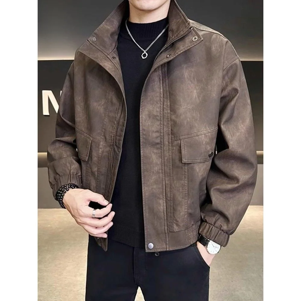 

Повседневная кожаная куртка, мужская весенняя модная брендовая куртка с воротником-стойкой, новинка 2025, свободное однотонное кожаное пальто высокого класса, модное...
