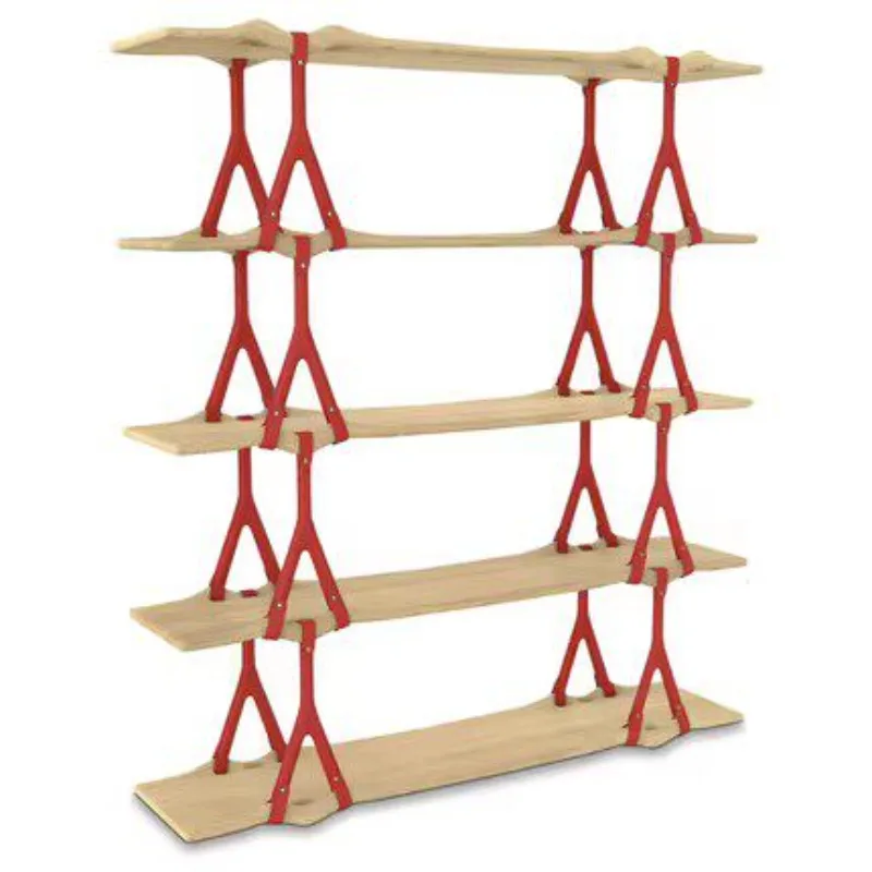 Italian light luxury high-end designer hanging shelf living room study solid wood vertical multi-layer saddle leather bookshelf