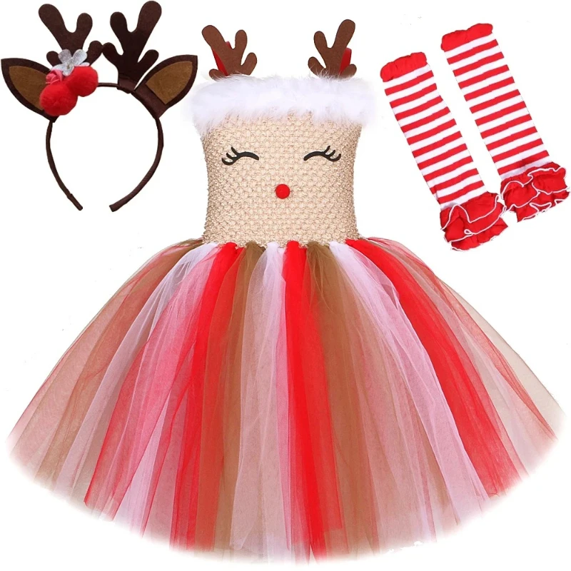 Baby Girls Xmas Party Outfits New Years Gift for Kids Reindeer Fancy Tutu Dress with Bow Socks Children Christmas Deer Costumes