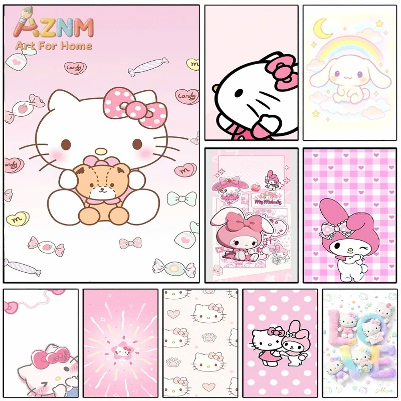 Sanrio Hello Kitty Canvas Wall Art Unframed Print Candy Bow Teddy Bear Sweet Cartoon Poster for Bedroom Dorm Home Interio